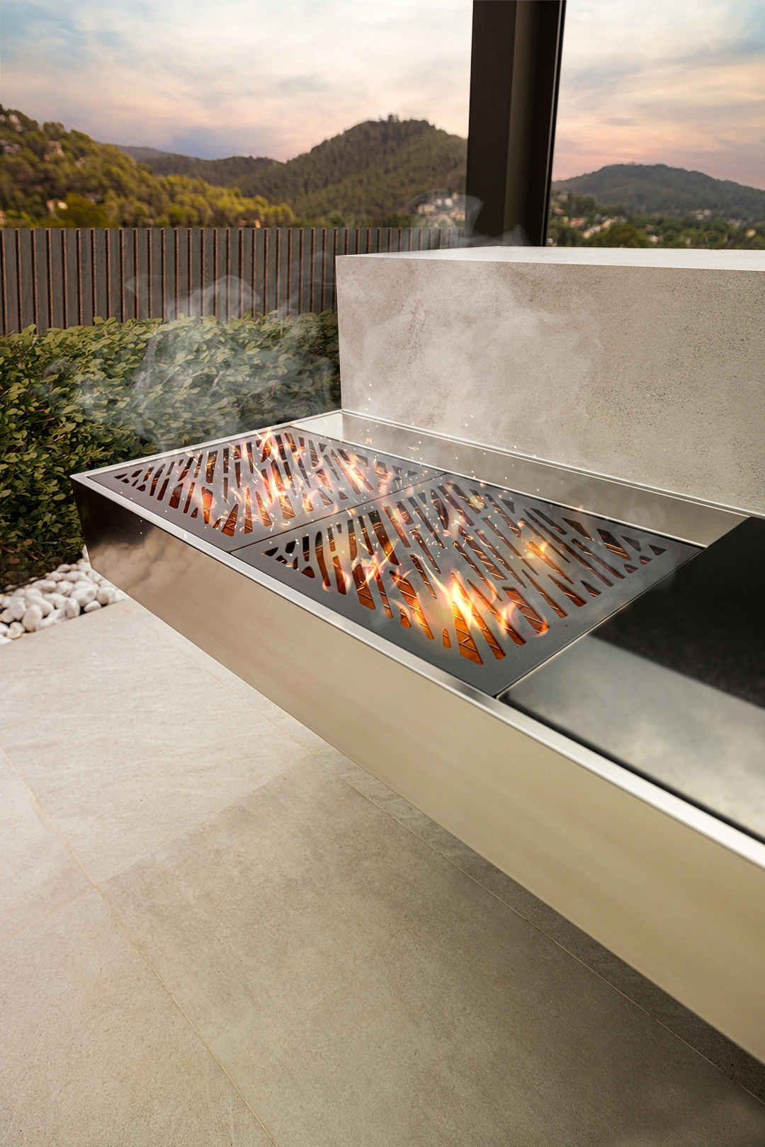 charcoal grill in outdoor kitchen