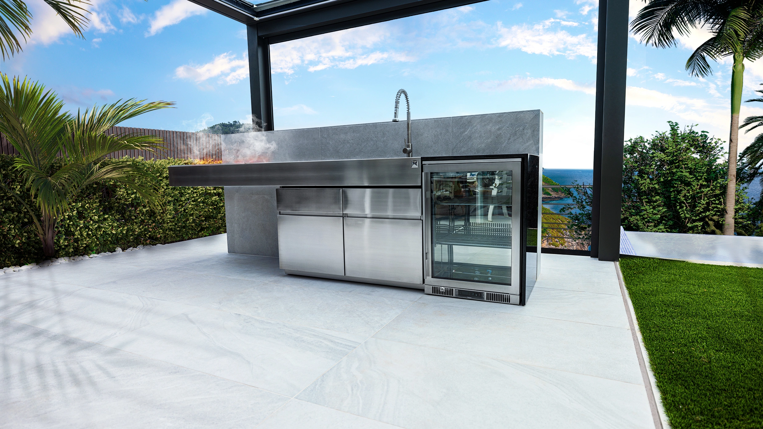 outdoor kitchen with charcoal grill