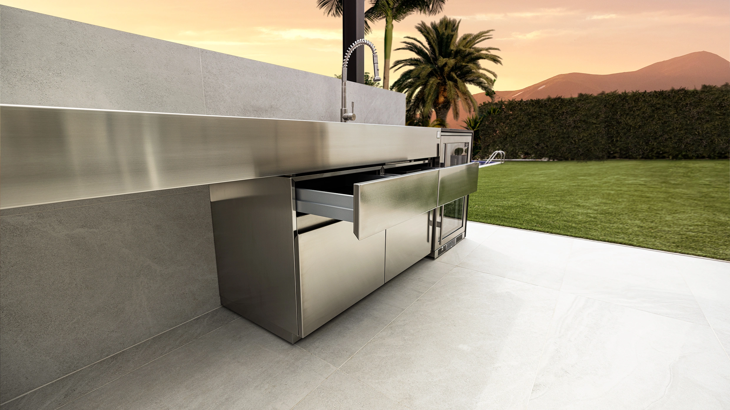 outdoor kitchen with charcoal grill