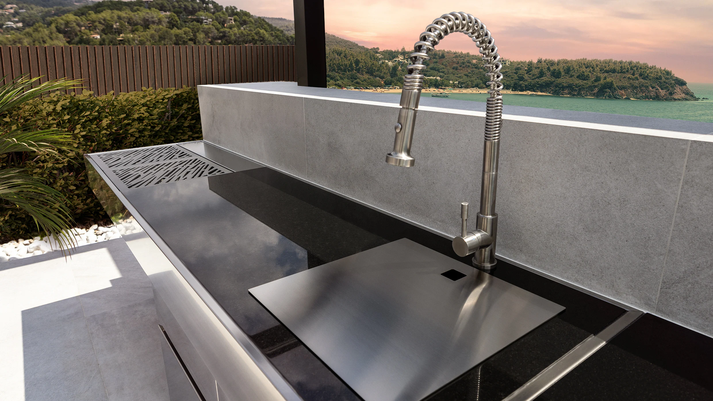 outdoor kitchen with charcoal bbq
